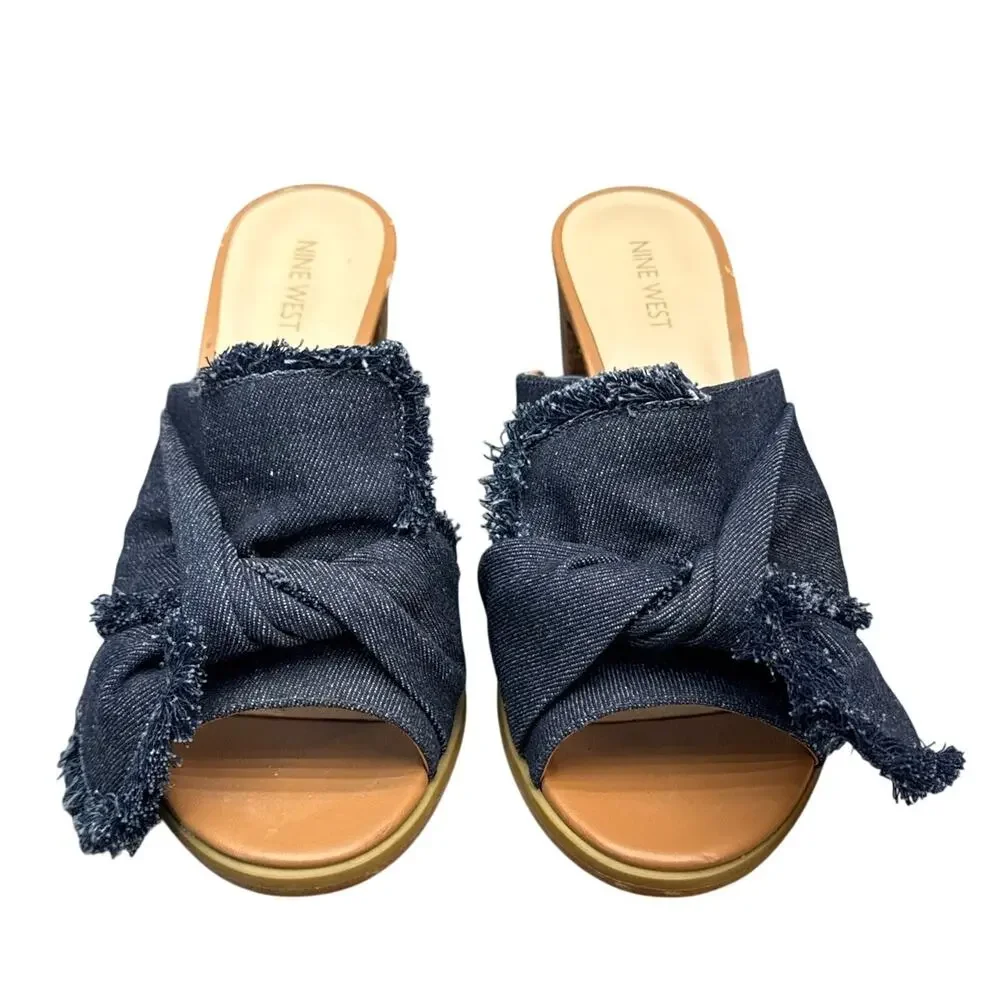 Nine West Byron Denim Fringe Bow Slide Block Heel Sandals Women 10